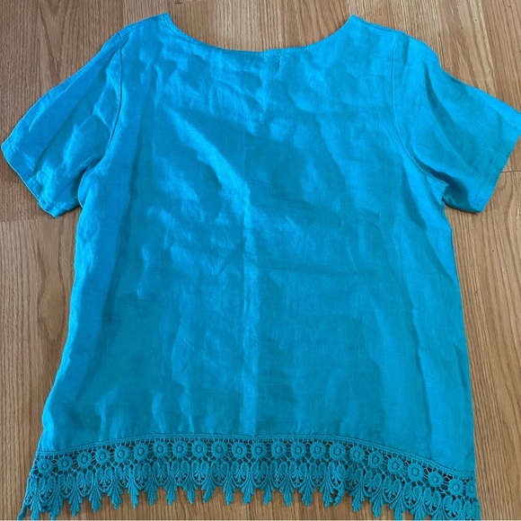 100% linen Italian made size medium turquoise short sleeve scallop lace blouse - Picture 7 of 7